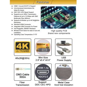 Mini 4K HDMI Optical Transceiver Supports All Modes up to 4K*2K@30Hz Resolution