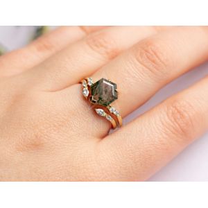 Large Hexagon Moss Agate Statement Wedding Cluster Ring Set