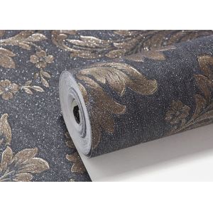 Removable Victorian Damask Wallpaper Embossed Black and Golden Pattern , 0.53