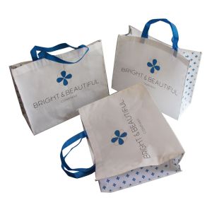 White and Blue 85gsm Nonwoven Fabric Carrier Bags With Matt Coated,White Piping
