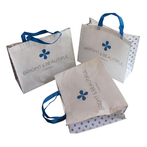 Quality White and Blue 85gsm Nonwoven Fabric Carrier Bags With Matt Coated,White Piping,Button,Blue Handle Resable & Durable Bag wholesale