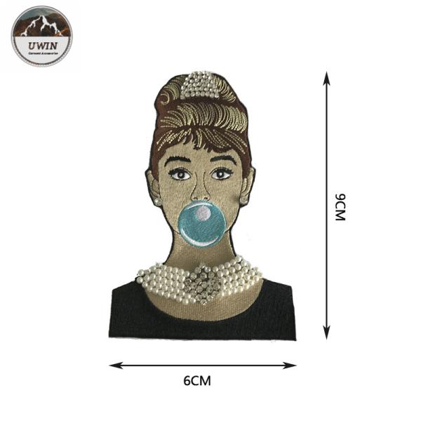 Beautiful Woman 3D Custom Woven Badges , Pearl And Rhinestone Applique For Work Blouse