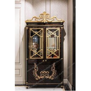 French Vitrine Carved Front Oval China Cabinet With Drawer Black Gold Lacquer TP