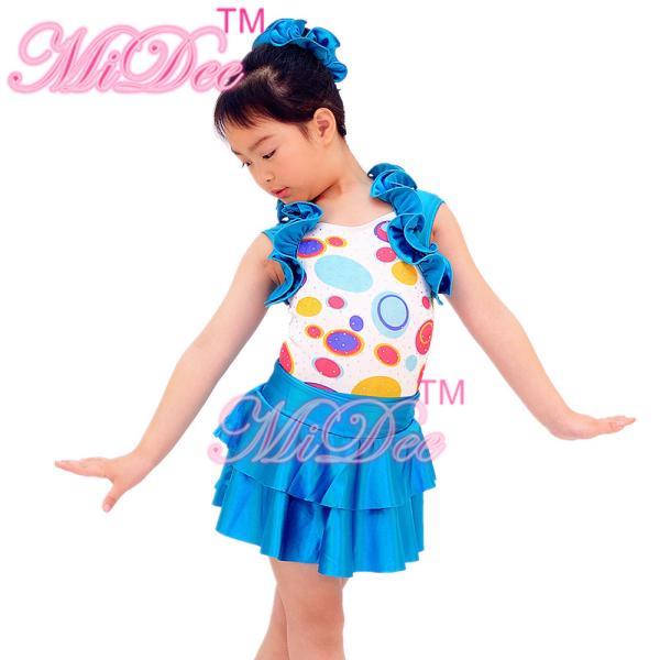 2 in 1 Colorful Kids Dance Clothes Cutie Cercle Confetti Bodice Halter Neck Leotard Tiered Ruffle Skirt