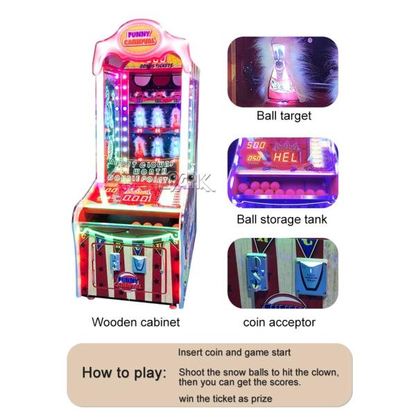 Coin Operated Ticket Game Machine Funny Carnival Hit The Clowns Toss Ball Redemption