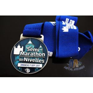 Transparent Color Zinc Alloy Award Medals Antique Silver Plating With Ribbon