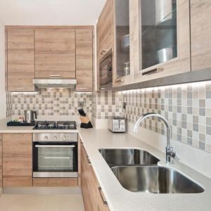 Cheap Custom Kitchenette For Hotel Small Wooden Cupboard All In One Kitchen Unit Modular Wood Grain Kitchen Cabinet for sale