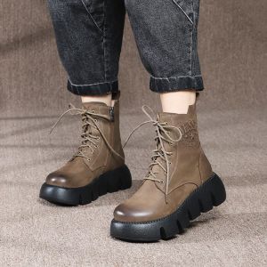 HZM039 Leather Hint Boots Female Ultra-Light Bottom Layer Leather Martin Boots