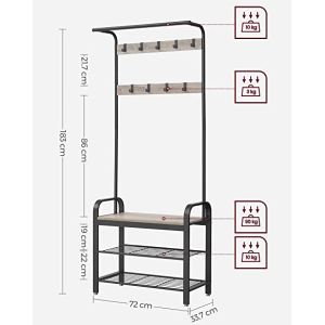 Wooden Metal Coat Rack With Shoe Bench For Entrance Area With Hooks, 3Layers