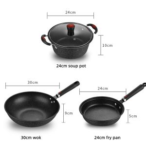 Multi Function Black Flat Bottom 3PCS Frying Non Stick Kitchen Cookware Sets