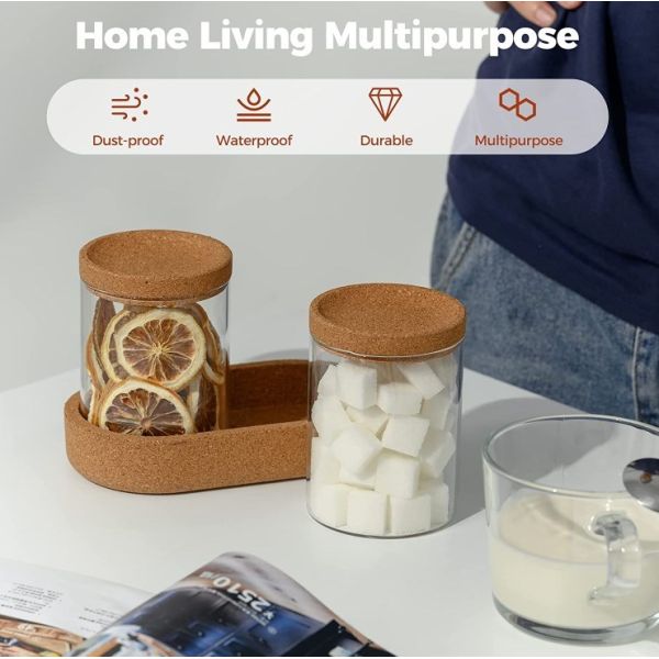 IKOO Rectangular Glass Jar with Cork Lid and Tray - High Borosilicate Glass Storage Jar for 300ml and 715ml Kitchen and Bathroom Accessories