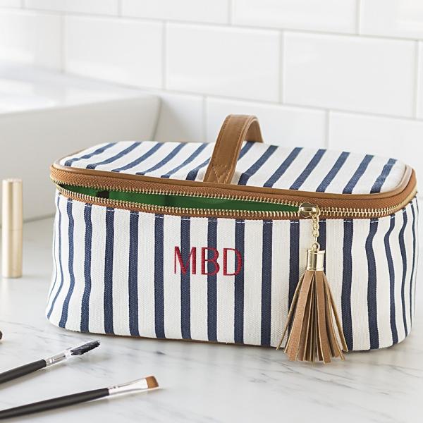 Quality Personalized White and Navy Blue Stripe Train Case Cosmetic Bag wholesale