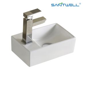 China AB8402 Single hole modern ceramic basin sanitary ware white table above counter basin top rectangular lavabo bowl on sale