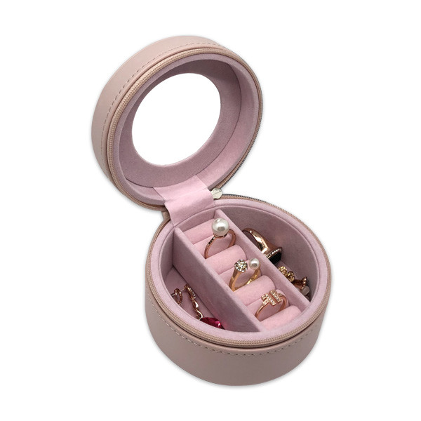 Portable Pink Round Leather Jewelry Case Box With Mirror