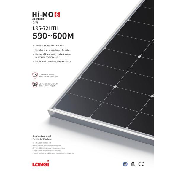 High Voltage Himo Hi mo 6 LONGi Solar Panel 590W 595W 600W with Half Cell Technology