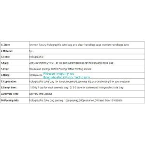 Neon Rainbow Hologram PVC Tote Bag custom holographic handbag PVC handle beach