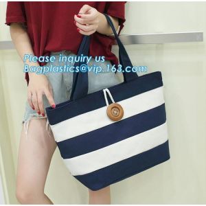 Cheap factory lowest price for wide stripe cotton canvas oxford canvas tote bag with inside small stripe lining and ziper lock for sale