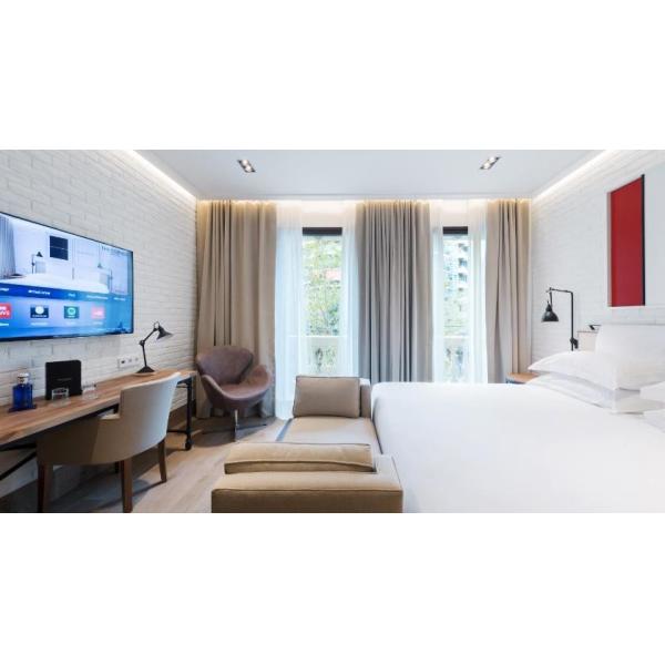 Quality Zambia hotel furniture factory from China by fabric upholstered bed with wood night table and wardrobe cabinet wholesale