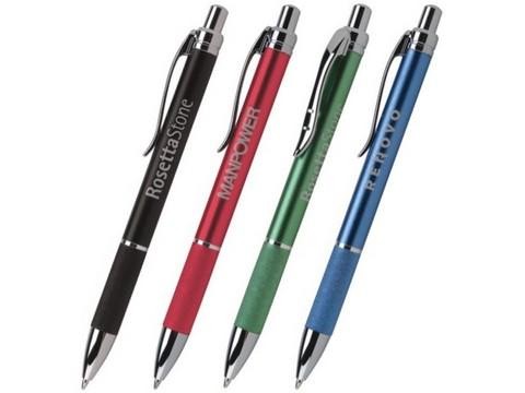 Quality metallic barrel logo ball pen with grip,with clip and chromed pusher wholesale
