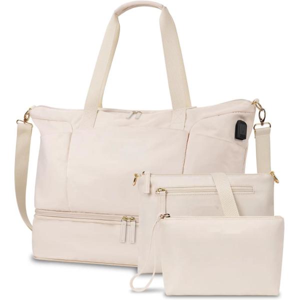 Beige Carry On Tote Expandable Weekender Duffel Travel Bag With Shoe Compartment
