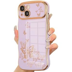 iPhone 13 girl phone case, curly wave frame, luxury plated butterfly pattern,