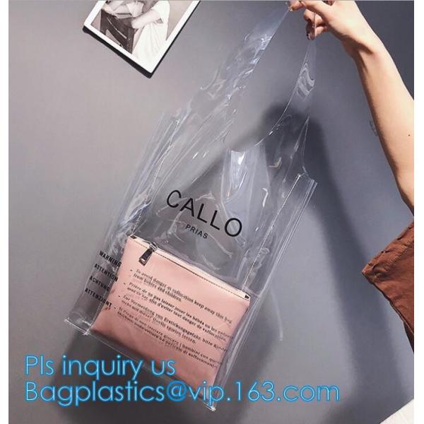 Transparent pvc handle plastic bag with logo, promotional clear tote pvc handle shopping bag pvc tote bag, underwear clo