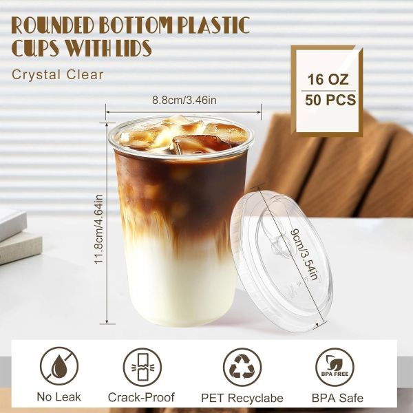Custom U Shape Disposable Iced Coffee Cup 16oz Clear Cold Drinks Plastic Cups with Sip Lids