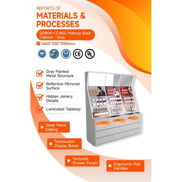 GDR04-CZ-B02 Makeup Display Rack with Grey Melamine Board and LED Strip Lights for Cosmetic Retail Stores