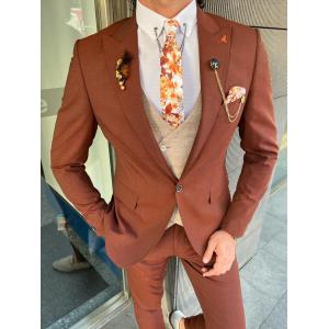 Brown Groom 3pc Tuxedo Suit Mono Collar Slim Cut For New Season