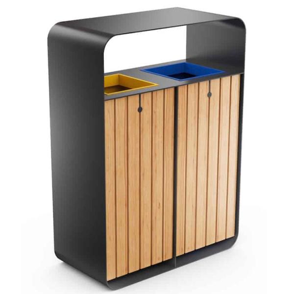 Contemporary Outdoor Wooden Garbage Bin 2 Compartments Recycling Bin Public Dustbin