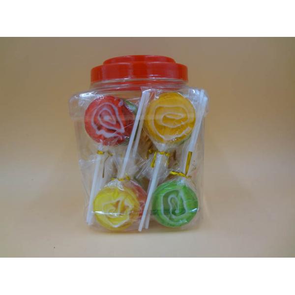 Quality Round shape Assorted fruit Flavor Round Flat Large Swirl Lollipops / Hard Candy Food With PVC Jars wholesale