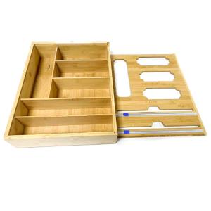 Bamboo Plastic Bag Dispenser Cutter Drawer Ziplock Bag Storage Organizer for