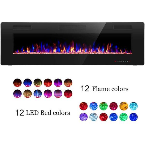 12 Bed Color Mode AJUNION 60 Inch Wall Mounted Silk Screen Printing Electric Fireplace