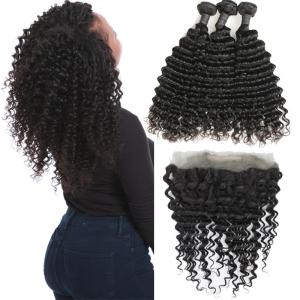 Real Transparent 360 Lace Frontal Closure 3 Bundles Deep Wave No Tangle
