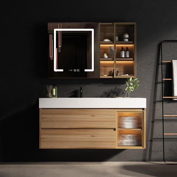 Quality Rectangle Floating Bathroom Cabinet Solid Wood LED Mirror Vanity wholesale