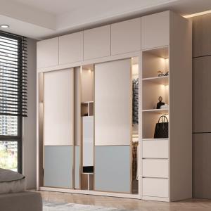 Laminate Sliding Door with Drawers Walnut Wardrobe Closet 200cm Wide