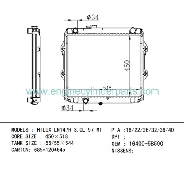 Aluminum Alloy 16400-5B590 Diesel Generator Radiator For Toyota Hilux 89-93
