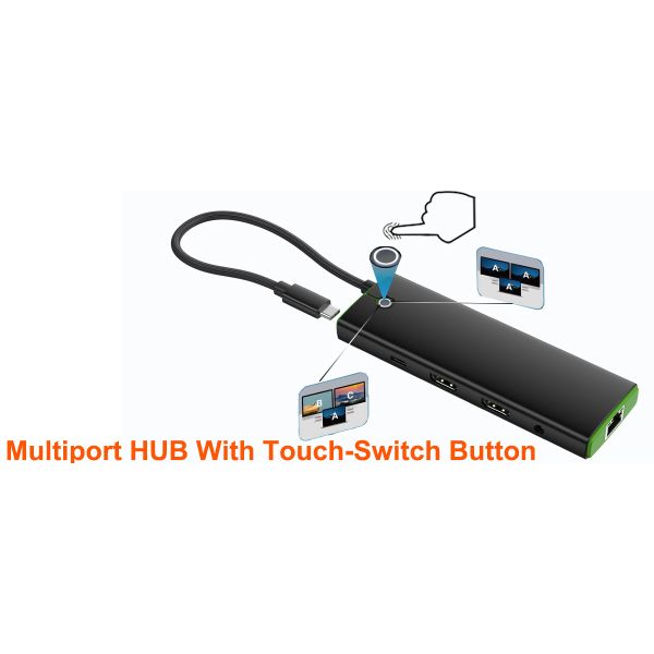 USB-C Multiport Hub with Touch-Sensitive MST/SST Switch, Dual 4K60Hz HDMI, and 10-Port Expansion for Workstations