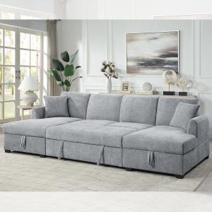 U-Shaped Sectional Sleeper Sofa with Pull Out Bed and Storage Chaise, Gray