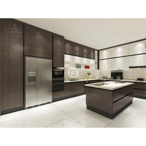 Modern Dark Wood Texture Stainless Steel Kitchen Cabinets With Contrasting Colors Design