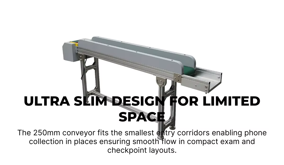 250mm Narrow Width Mobile Phone Conveyor Belt with Stainless Steel Construction and 24V DC Brushless Motor for Security Check & Inspection Gates