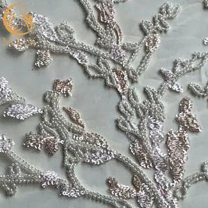 Machine Embroidery Beaded White Lace Fabric MDX Sequin 20％ Polyester