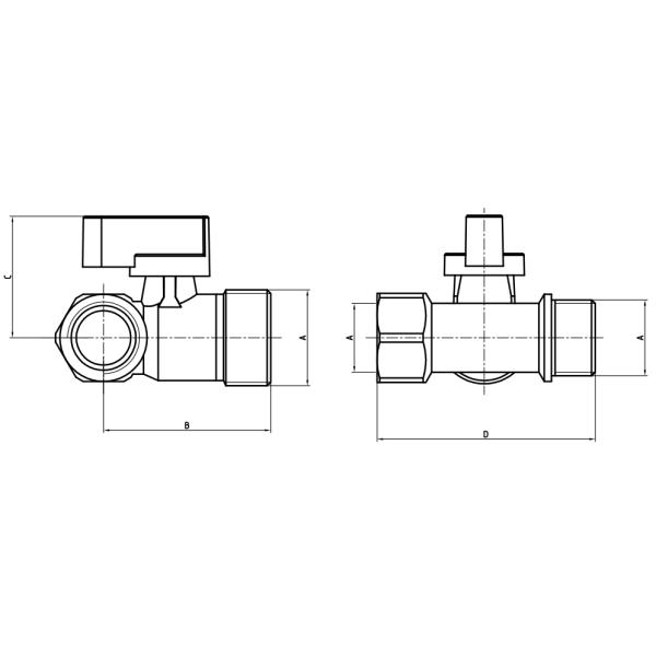 T Handle Female X Male X Male Three Way Ball Valve