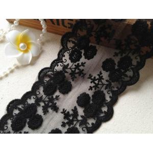 Black Flower Embroidery Tulle Mesh Nylon Lace Trim With Scalloped Edge 4.3''
