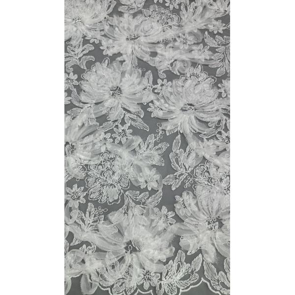 White Floral Lace Fabric For Gowns Mesh Ground Intricate Embroidery With Subtle