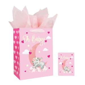 China Custom Order 300gsm Ivory Board Pink Baby Shower Gift Carrier Paper Bag for Baby Clothes on sale