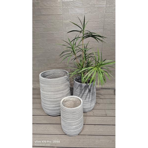 Quality Light Grey With Horizontal Circular Ridges Round Fiber Clay Planter For Indoor Decoration wholesale