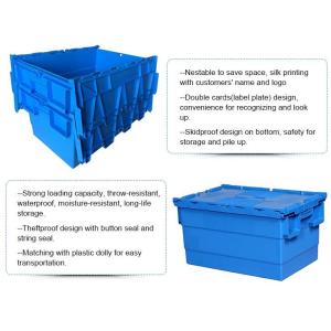 Heavy duty stackable attached lid turnover box, Stackable and nestable plastic
