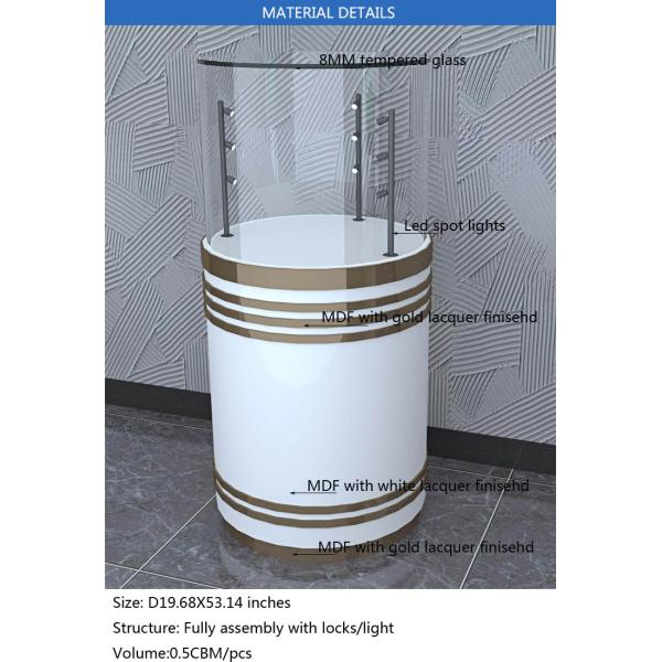 Wooden White Custom Glass Display Cases Fashion Round Shape With LED Pole Lighting