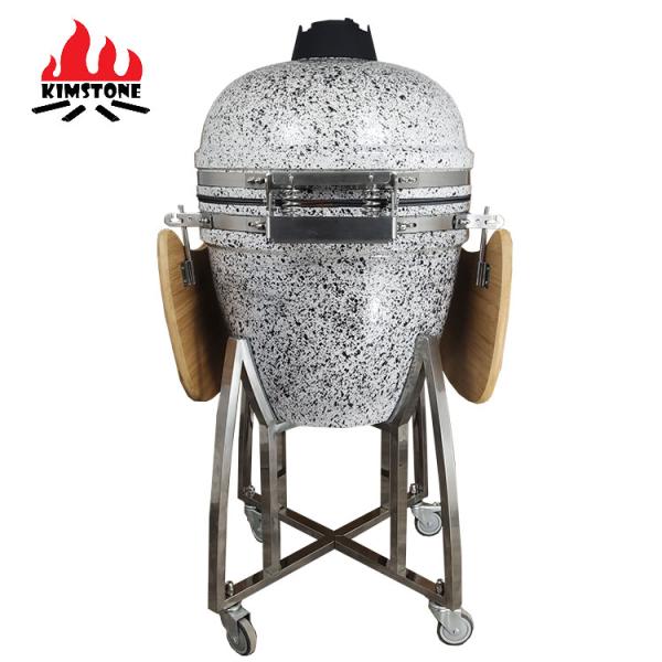 KIMSTONE Kamado-style Grill 21 Inch Black and White Floral Glaze Folding Side Shelves Durable and Reliable